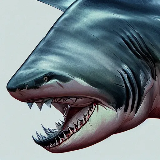 Image similar to great white shark, side view, with a silver and orange striped traffic cone on its dorsal fin - ron cheng & alphonse mucha, highly detailed, digital painting, ray tracing, concept art, illustration, smooth sharp focus, intricate, symmetry, artstation,