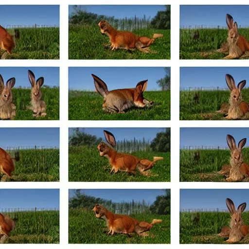 Image similar to a rabbit jumping up over a fence, shown as a film strip showing sequential stills starting from time 0 : 0 0 from the video clip in a grid