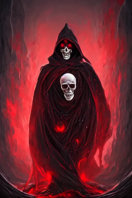 Image similar to A full body portrait of a mysterious character with a realistic skull with a very long hooded blood red and black cloak, tentacles coming out the ground art by Shaddy Safadi and Jason Chan, ominous, cosmic horror, trending on artstation, Ultra detailed, hyper realistic 4k