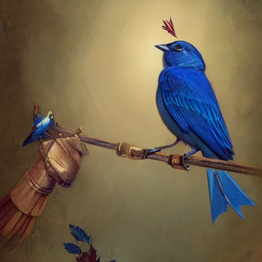 Prompt: an indigo bunting, bird, wearing a crown and bowtie by greg rutkowski, rossdraws, gil elvgren, enoch bolles, anime, very coherent