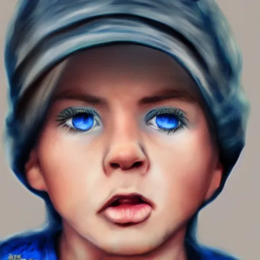 Image similar to a detailed portrait of a boy with light blue eyeswearing a black cap, realistic and detailed eyes, art illustration, incredibly highly detailed and realistic, 8 k, sharp focus