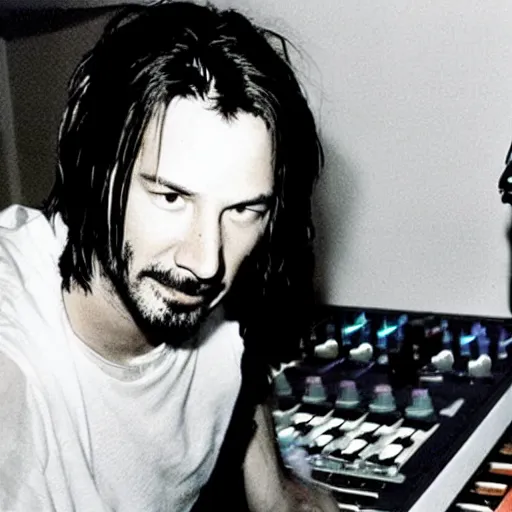 Prompt: photo of kurt cobain keanu reeves as a dj