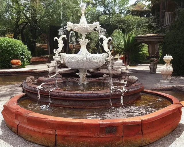 Prompt: incredibly beautiful ornate gravy fountain brimming with rich beefy gravy, in the grounds of a fried mansion in Louisiana