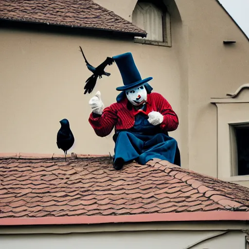 Prompt: A clown on the roof of the church playing with crows.