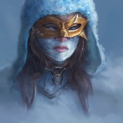 Image similar to snow bandit from ‘ icewind dale ’ with a frost blue gem mask lined with copper, ‘ icewind dale 2 ’ profile portrait by ‘ justin sweet ’, falling snow, soft focus, illustration, oil paint, artstation