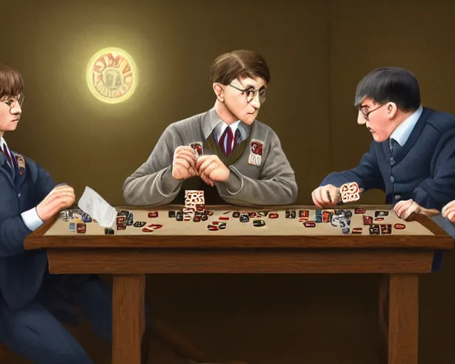 Image similar to daniel raddclife as harry potter and adolf hitler playing poker together, highly detailed, sharp focus, 8 k