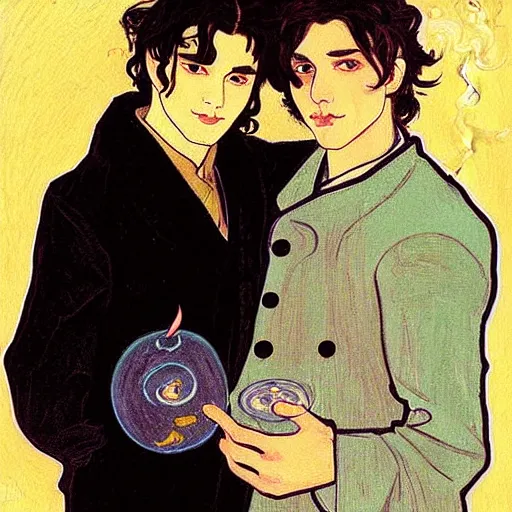 Image similar to painting of young cute handsome beautiful dark medium wavy hair man in his 2 0 s named shadow taehyung and cute handsome beautiful min - jun together at the halloween! party, bubbling cauldron!, candles!, smoke, autumn! colors, elegant, wearing suits!, delicate facial features, art by alphonse mucha, vincent van gogh, egon schiele