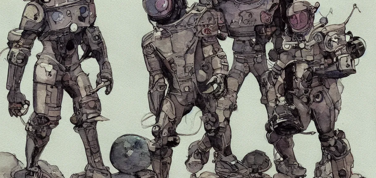 Image similar to male, full body!!!!!!, space suit with a modern helmet, large shoulders, short torso, long thin legs, tiny feet, character sheet, science fiction, very stylized character design, hyperdetailed, armored technical suit, watercolor digital painting, by mike mignola, by alex maleev, jean giraud, painted by leyendecker