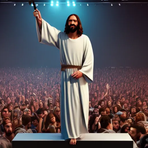 Prompt: jesus christ with a microphone rapping on a podium to a crowd of people, 4 k image, hd, high res, unreal engine, medieval