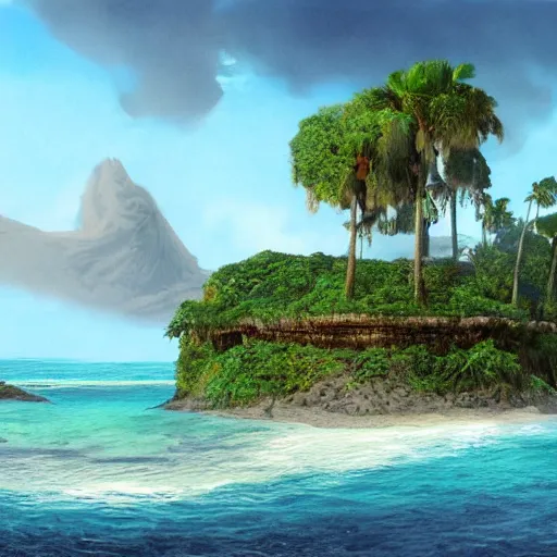 Prompt: Long forgotten island that once hosted a great civilization now gone, Tropical Island, matte painting, concept art