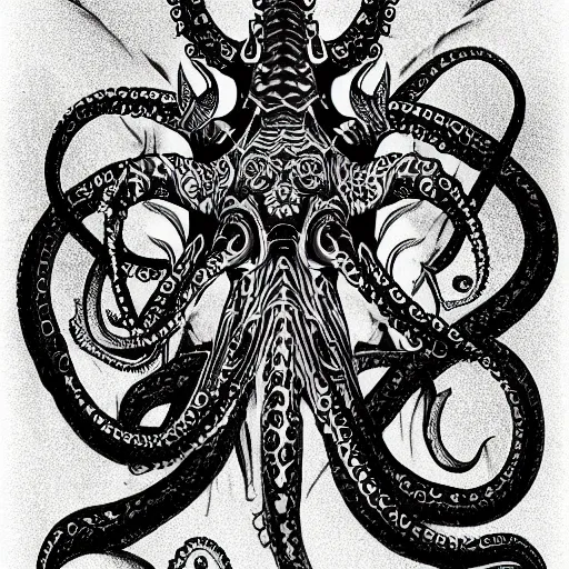 Image similar to a tattoo illustration of an evil octopus, cinematic, symmetric, digital art