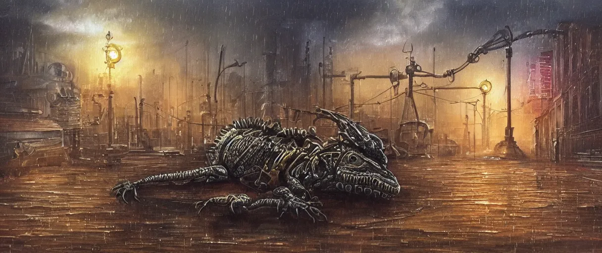 Image similar to beautiful oil painting of a mechanical lizard in a steampunk world, gears, misty, moody, rusty, sunset, rain