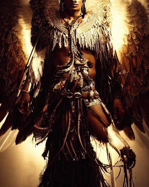 Prompt: a south american indigenous warrior with angelic wings, by tsuyoshi nagano, by greg rutkowski, dramatic lighting, blood, god rays, angelical, symmetrical, intricate, detailed, cinematic, masterpiece, extreme details, volumetric light