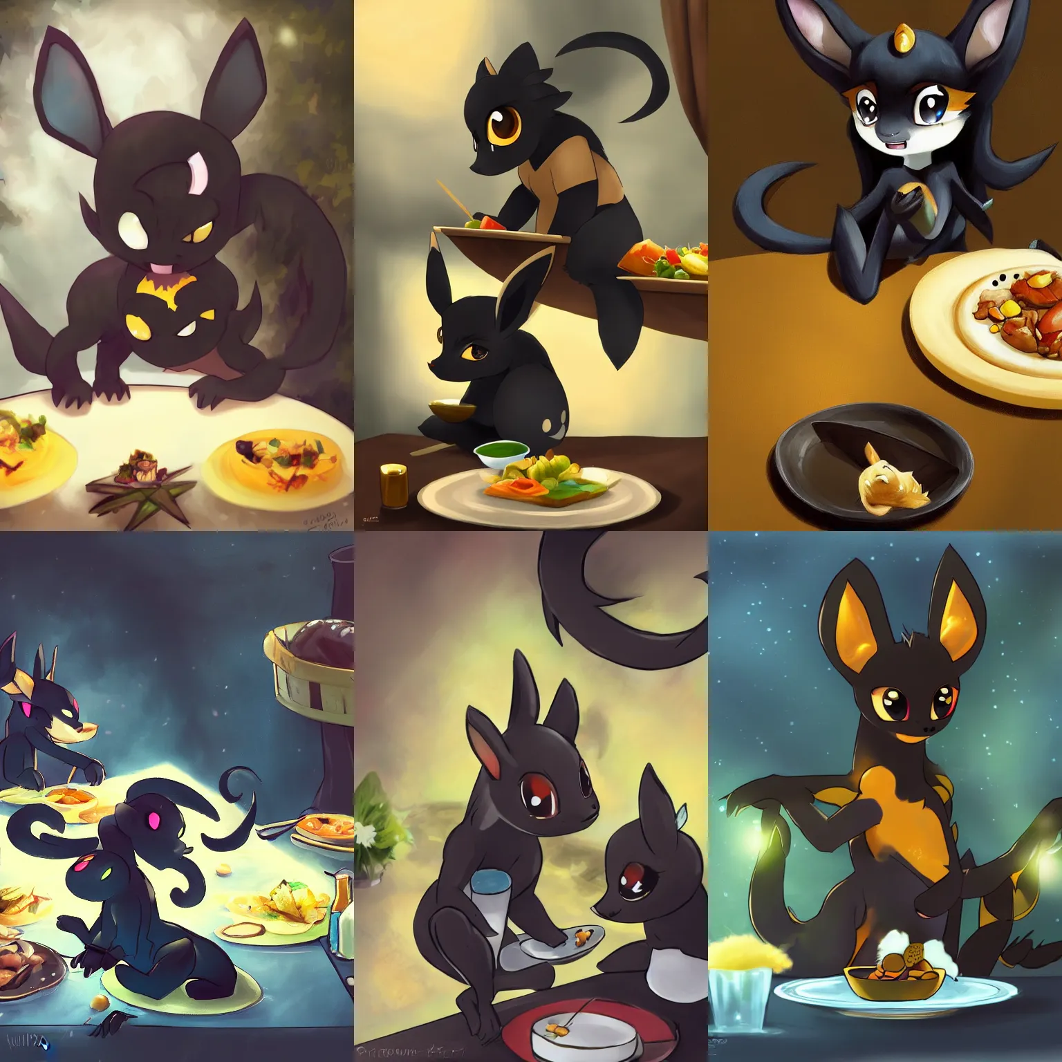 Prompt: umbreon anthro eating dinner at a table speedpaint by juliathedragoncat artstation julia mato