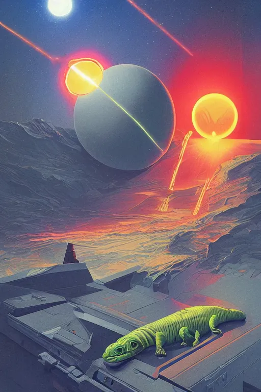 Prompt: reptilian star war with kosmonout using laser weapon Edward Hopper and James Gilleard, Zdzislaw Beksisnski, higly detailed