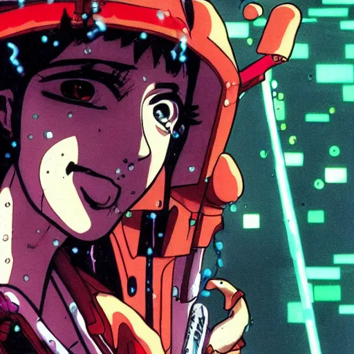 Image similar to anime of a punk cyborg woman breaking a crt tv, water particles floating in the air, finely detailed facial features, weathered drawing, film grain, bright neon lighting, dark pastel colors, drawn by satoshi kon, katsuhiro otomo