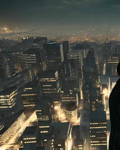 Image similar to a night rooftop scene, close up shot of a photorealistic gangster wearing a trench coat looking at the city below, unreal engine, hyper realism, realistic shading, cinematic color grading