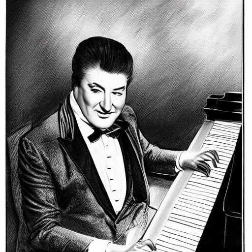 Image similar to pencil illustration of Liberace playing piano highly detailed, cinematic,