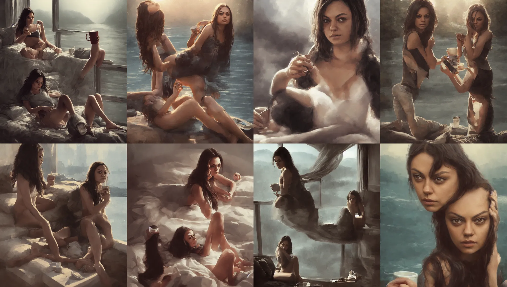 Image similar to mila kunis waking up with coffee and cigarettes, dramatic light, lake background, 2 0 0 mm focal length, 1 9 7 0 s, painted by stanley lau, painted by greg rutkowski, painted by stanley artgerm, digital art, trending on artstation