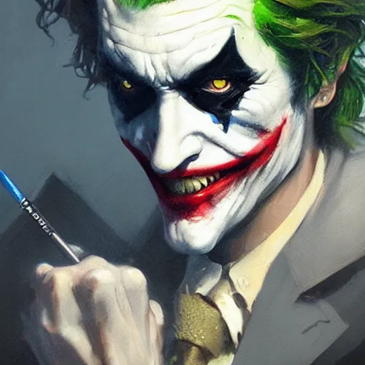 Image similar to joker, serious, paint by greg rutkowski