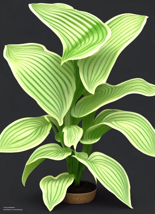 Image similar to an isolated hosta lily plant in full view and centered with cinematic rim lighting, art nouveau style, strong contrast, ultra realistic, sketchfab, pixelsquid, unreal engine, zbrush, vray, 8 k, volumetric, no blur, artstation, octane render, ultra detailed, hyperrealistic, by artgerm and james gurney and alphonse mucha
