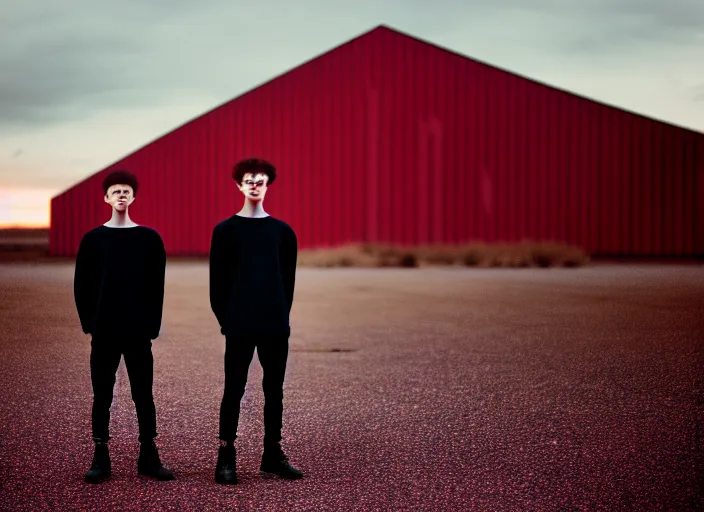 Prompt: cinestill 5 0 d closeup photographic portrait of two clones in front of a brutalist metal building, on a desolate plain, red sky, black oversized clothes, depth of field, 4 k, 8 k, hd, full color