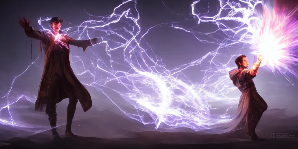 Image similar to a male sorcerer that looks like nikola tesla casting a lighting spell, light rays, bloom, epic pose, dramatic lighting, concept art, by dan luvisi, jason chan and gilles beloeil