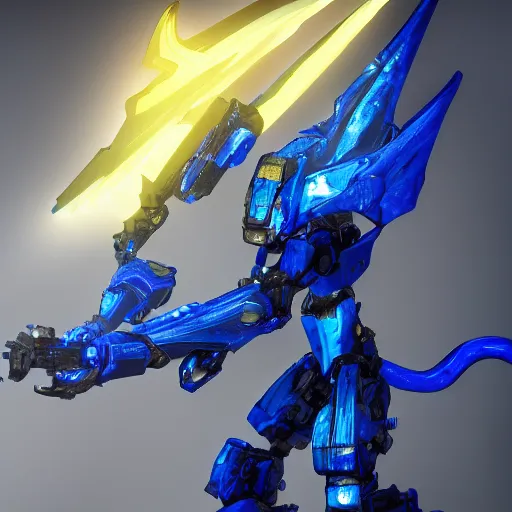 Prompt: blue anthro mecha dragon holding a yellow sword, photorealistic, 4k, artstation, 8k wallpaper, unreal engine 5, ue5