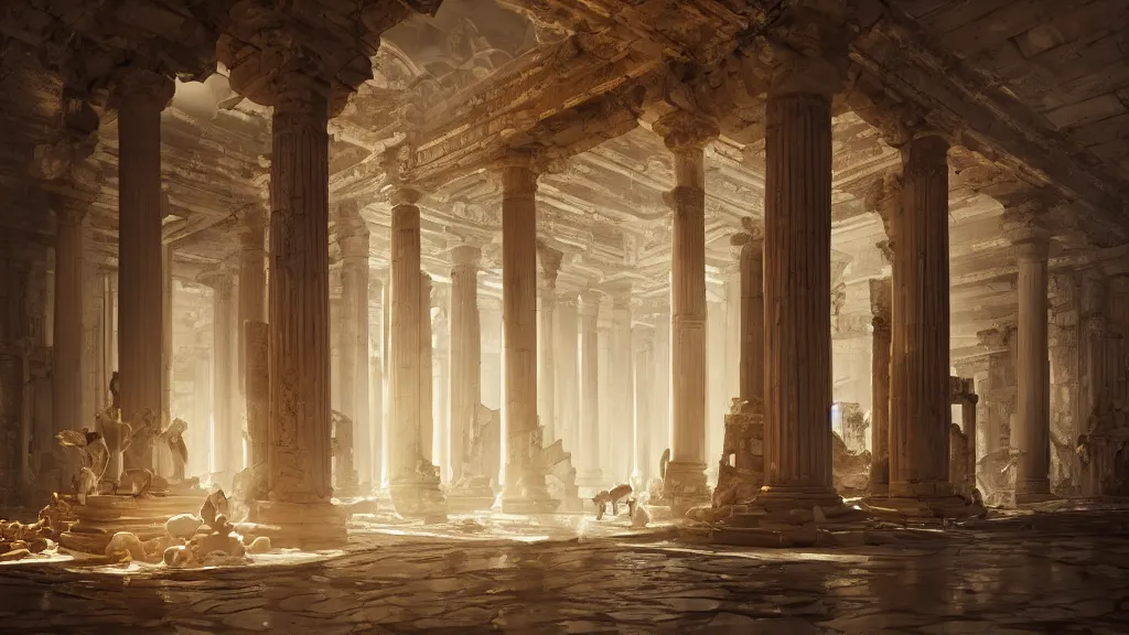 Prompt: ancient temple in ruins with impeccably clean white marble columns, glowing golden statues, by sylvain sarrailh, rossdraws, ambient light, ultra detailed, fantasy artwork, 8 k, volumetric lighting, trending on artstation, award winning, very beautiful.