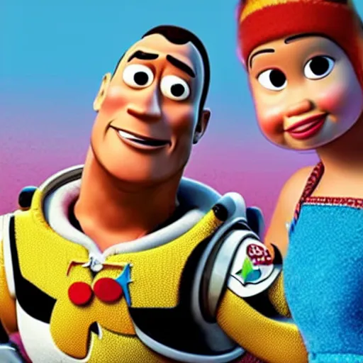 Prompt: dwayne johnson as pixar characters on toy story movie