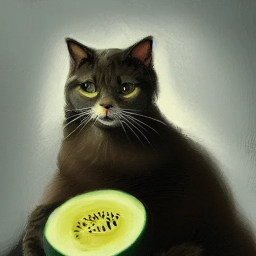 Image similar to very detailed masterpiece painting of a cat eating a melon, portrait, artstation, concept art by greg rutkowski