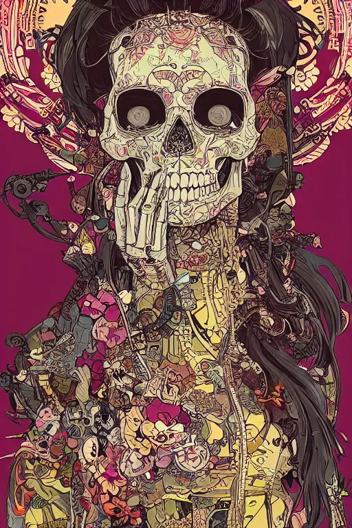 Image similar to beautiful skull cyborg girl female illustration detailed patterns art of thai traditional dress, pop art, splash painting, art by geof darrow, ashley wood, alphonse mucha, makoto shinkai