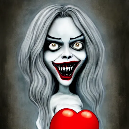 Image similar to grunge cartoon painting of margot robbie with a wide smile and a red balloon by chris leib, loony toons style, pennywise style, corpse bride style, horror theme, detailed, elegant, intricate