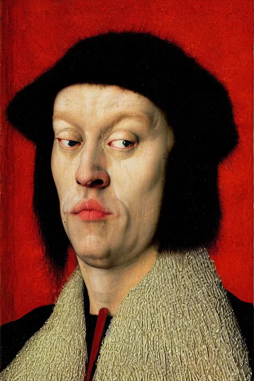Image similar to portrait of robert smith, oil painting by jan van eyck, northern renaissance art, oil on canvas, wet - on - wet technique, realistic, expressive emotions, intricate textures, illusionistic detail