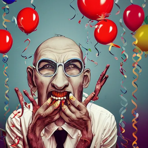 Image similar to man lawyer eating a birthday inside of a courtroom by alex pardee and nekro and petros afshar, unstirred paint, vivid color, cgsociety 4 k