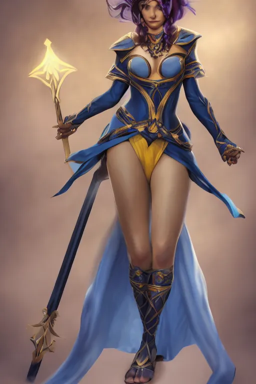 Prompt: Beautiful Mesmer 40 years old Woman, light yellow hair, blue eyes, dark brown skin, Light blue and black robes, covered, no cleavage, no visible midriff, and floating illusory swords, multiple illusory arms, visible face, by Frank Franzetta, cgsociety, artstationHD, safebooru, high quality, HD