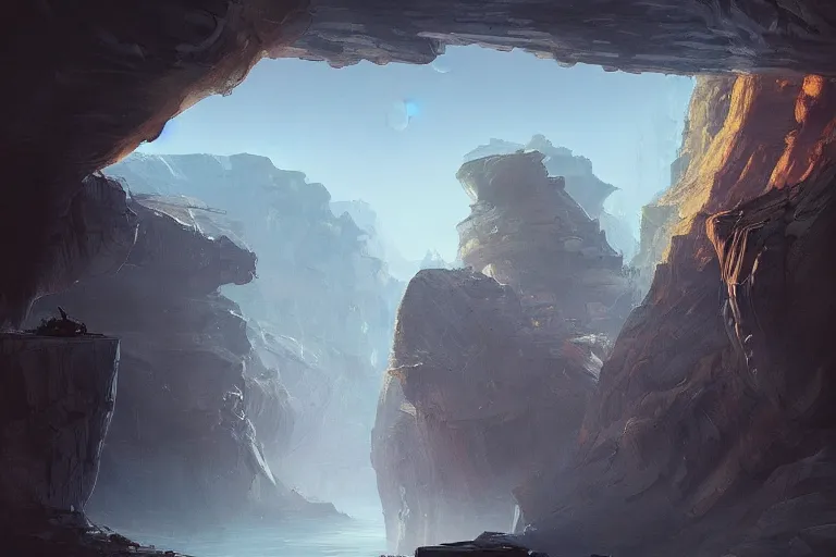 Prompt: a busy science - fiction base hidden in a canyon, river, morning, james paick, artstation