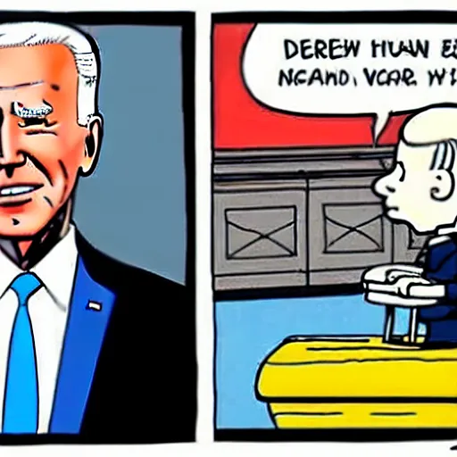 Image similar to a cartoon of joe biden pulling away the nuclear football before trump can kick it, cartoon in the style of peanuts by charles schulz