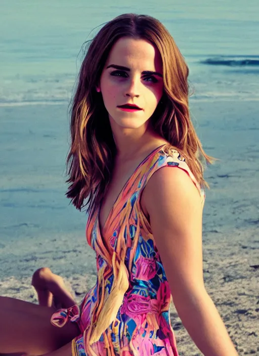 Image similar to Emma Watson for Victorian Secret, perfect face, hot summertime hippie, psychedelic swimsuit, beach, full length shot, XF IQ4, 150MP, 50mm, f/1.4, ISO 200, 1/160s, natural light, Adobe Photoshop, Adobe Lightroom, DxO Photolab, Corel PaintShop Pro, rule of thirds, symmetrical balance, depth layering, polarizing filter, Sense of Depth, AI enhanced