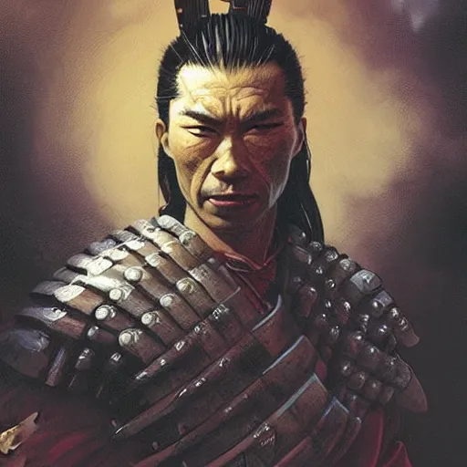 Image similar to head and shoulders portrait of a samurai, d & d, fantasy, greg rutkowski, frank frazetta, alexandre chaudret, boris vallejo, michael whelan, miro petrov, hr giger, magali villeneuve, donato giancola