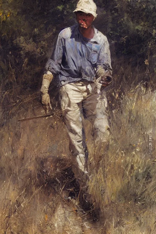 Image similar to Solomon Joseph Solomon and Richard Schmid and Jeremy Lipking painting full length portrait painting of a young man going to work in the field