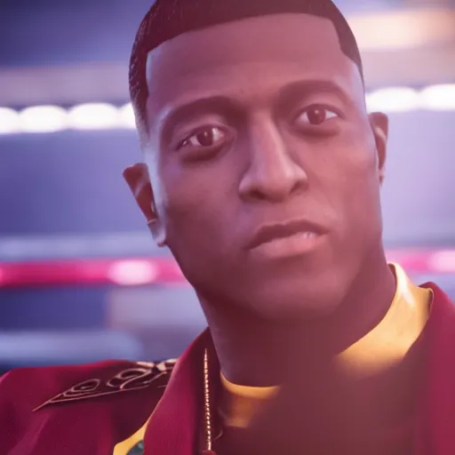 Image similar to a videogame still of Lil Boosie in Tekken 7, 40mm lens, shallow depth of field, split lighting