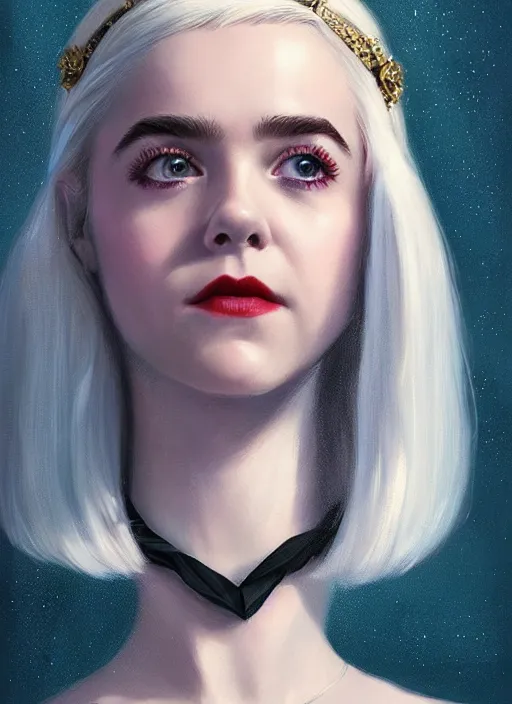 Image similar to portrait of kiernan shipka as sabrina spellman, white hair, 1 9 6 0 s bob hairstyle, hairband, intricate, elegant, glowing lights, highly detailed, digital painting, artstation, concept art, smooth, sharp focus, illustration, art by wlop, mars ravelo and greg rutkowski