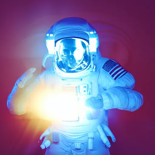 Image similar to astronaut silhouette with arms extended forward, bottom of arms lit by light coming from offcamera, light coming from below, dark background, lit from below, full body photo,, 8 k