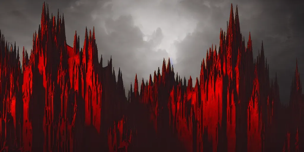 Image similar to dark gothic cathedral, gothic architecture, at the top of a red rock canyon, artstation concept art, beautiful matte painting, aerial view, red and orange and black color palette, chiaroscuro lighting