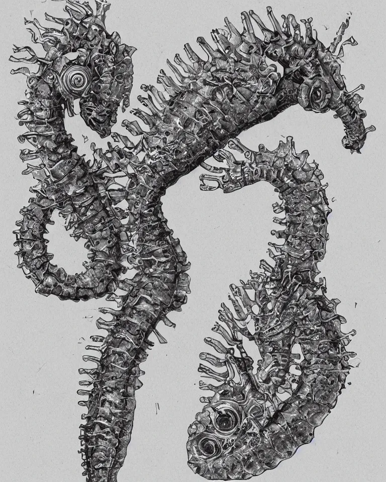 Prompt: a detailed scientific anatomical illustration of a cybernetic seahorse.