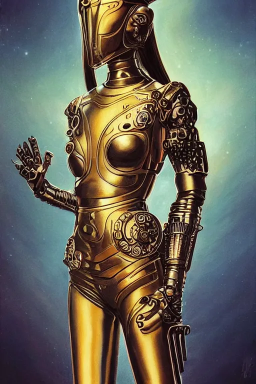 Prompt: retro-futuristic portrait of a beautiful female android in dusty chrome armour, dancing pose, ornate background, ornate pattern, glowing eyes, evil expression, high details, intricate details, renaissance style, painting by vincent di fate, artgerm julie bell beeple, 80s, Smooth gradients, High contrast, depth of field, very coherent symmetrical artwork