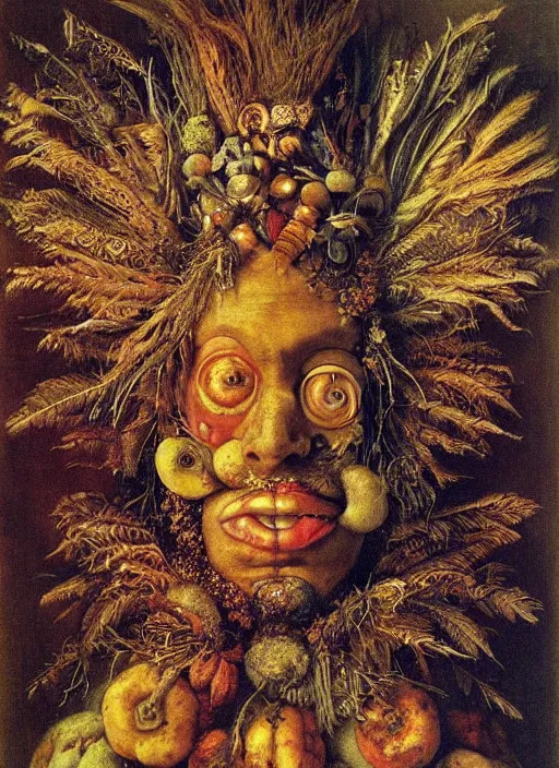 Image similar to a surreal painting of a radiant shaman's face, by Giuseppe Arcimboldo, symbolist, soft colors, dramatic lighting, smooth, sharp focus, extremely detailed, aesthetically pleasing composition