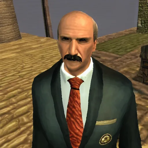 Image similar to Alexander Lukashenko wearing a suit and tie in Balmora in Elder Scrolls III: Morrowind, outdated 2002 Morrowind graphics, low definition, lowpoly