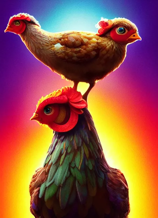 Image similar to a hen and her two chicks on a rainbow movie by nuri iyem, james gurney, james jean, greg rutkowski, anato finnstark. pixar. hyper detailed, 5 0 mm, award winning photography, perfect faces